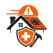 Home repair safety icon with house, orange roof warning, shield, and hammer
