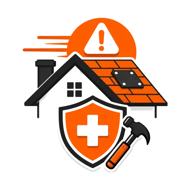 Home repair safety icon with house, orange roof warning, shield, and hammer
