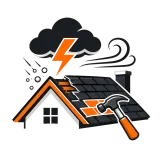 Storm-damaged house roof with lightning, clouds, repair tools, and orange shingles