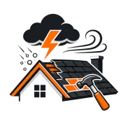 Storm-damaged roof with lightning, clouds, wind, and a hammer for home repair