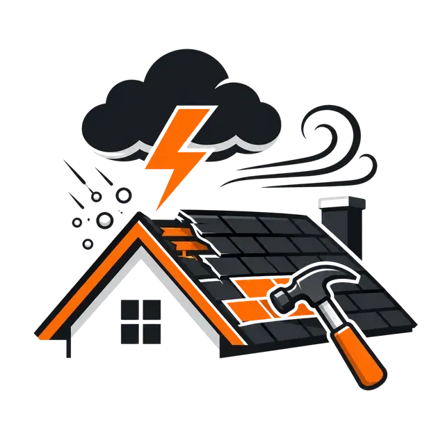 Storm-damaged roof with lightning, clouds, wind, and a hammer for home repair