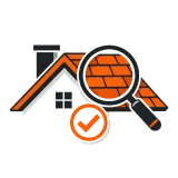 House roof inspection icon with magnifying glass and check mark
