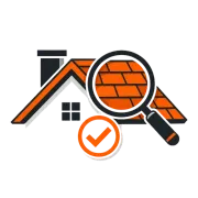 House roof inspection icon with magnifying glass and orange checkmark