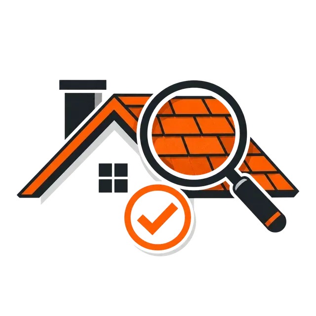 House roof inspection icon with magnifying glass and orange checkmark