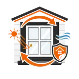 House icon with sun, wind, and shield symbols for energy efficiency and home protection