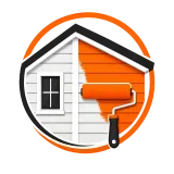 House icon with orange-and-white exterior and paint roller, suggesting home painting or renovation