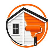 House exterior being painted with orange roller, half white and half orange inside a circular logo.