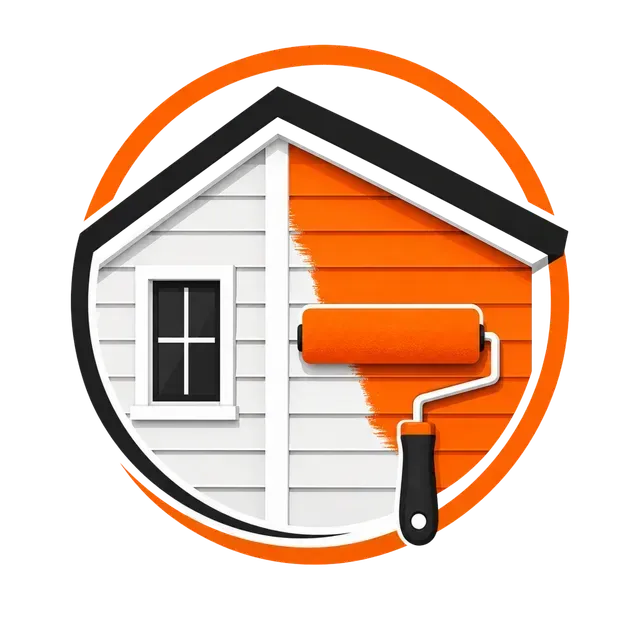 House exterior being painted with orange roller, half white and half orange inside a circular logo.