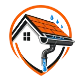 Roof leak repair logo with orange house roof, blue raindrops, and shield outline