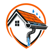 Logo of a house roof with a gutter and blue raindrops, inside an orange shield outline