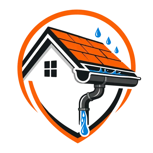 Logo of a house roof with a gutter and blue raindrops, inside an orange shield outline
