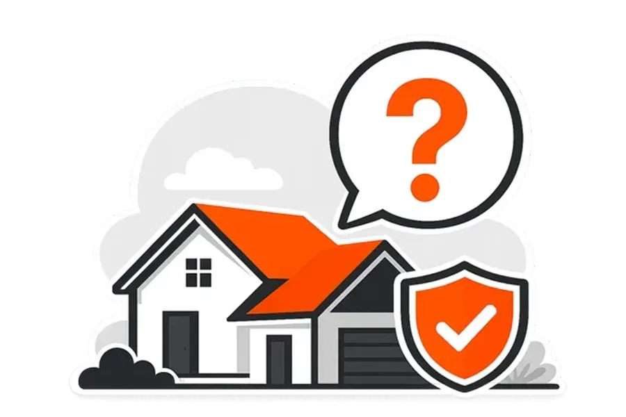 House with orange roof, shield icon, and question mark speech bubble, suggesting home insurance or safety concern