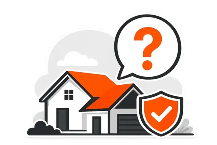 House with orange roof, question mark speech bubble, and orange shield icon indicating home protection