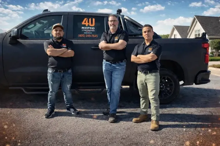 Three people stand arms crossed in front of a black pickup truck on a gravel lot.