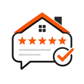 House with orange roof, five-star rating, and checkmark badge indicating approved review