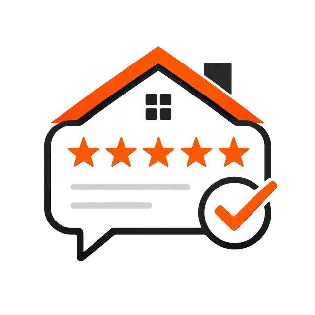 House with orange roof, five-star rating, and checkmark badge indicating approved review