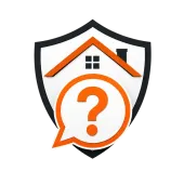Shield logo with house and orange question mark chat bubble on white background