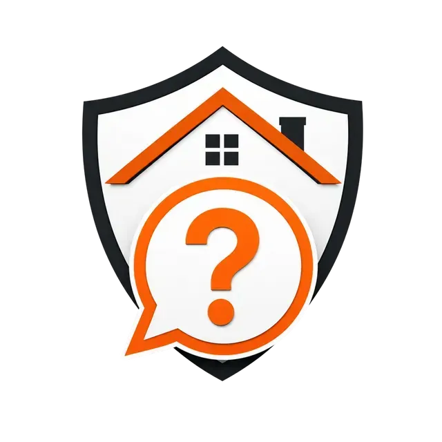Shield logo with house and orange question mark chat bubble on white background