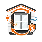 Home energy-efficiency icon with sun, airflow, orange arrows, and a shield around a house window