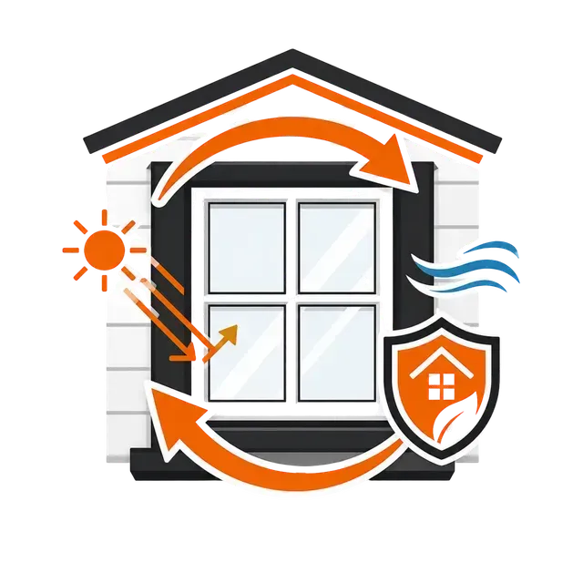 Home energy-efficiency icon with sun, airflow, orange arrows, and a shield around a house window