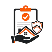 Hand holding a house icon beside a clipboard with checkmark and shield, symbolizing home insurance