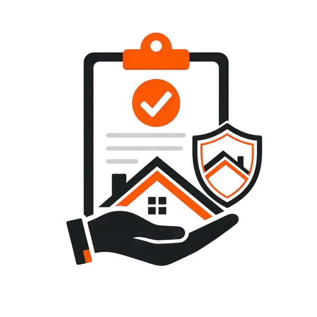 Hand holding a house icon beside a clipboard with checkmark and shield, symbolizing home insurance