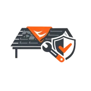 Solar panel with orange shield and wrench, symbolizing solar maintenance and protection