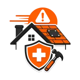 Home repair safety icon with house, orange warning symbol, shield, and hammer