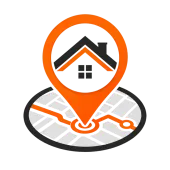 Orange house pin over a map, indicating a home location