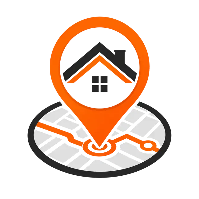 Orange house pin over a map, indicating a home location
