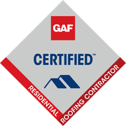 GAF Certified Residential Roofing Contractor badge with red, white, blue diamond design