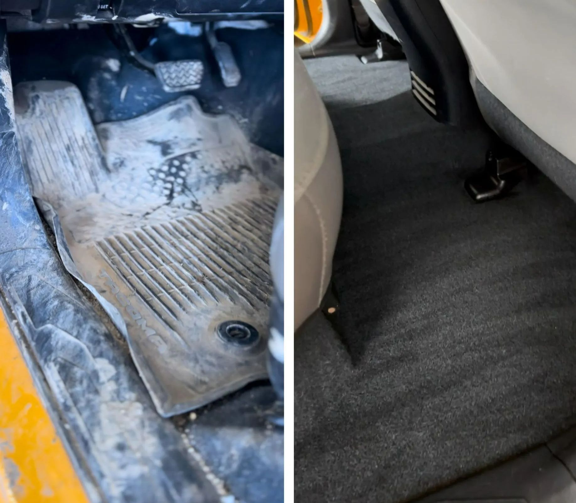 A before and after picture of a car floor mat being cleaned.