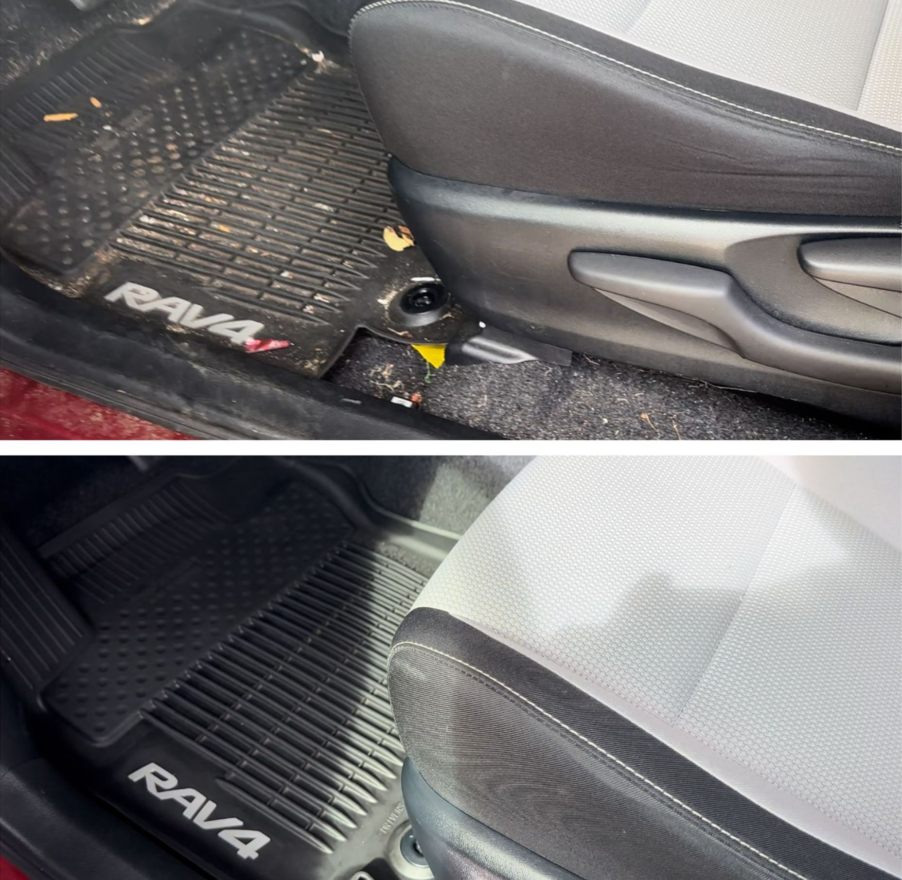 A person wearing gloves is cleaning the dashboard of a car with a towel.