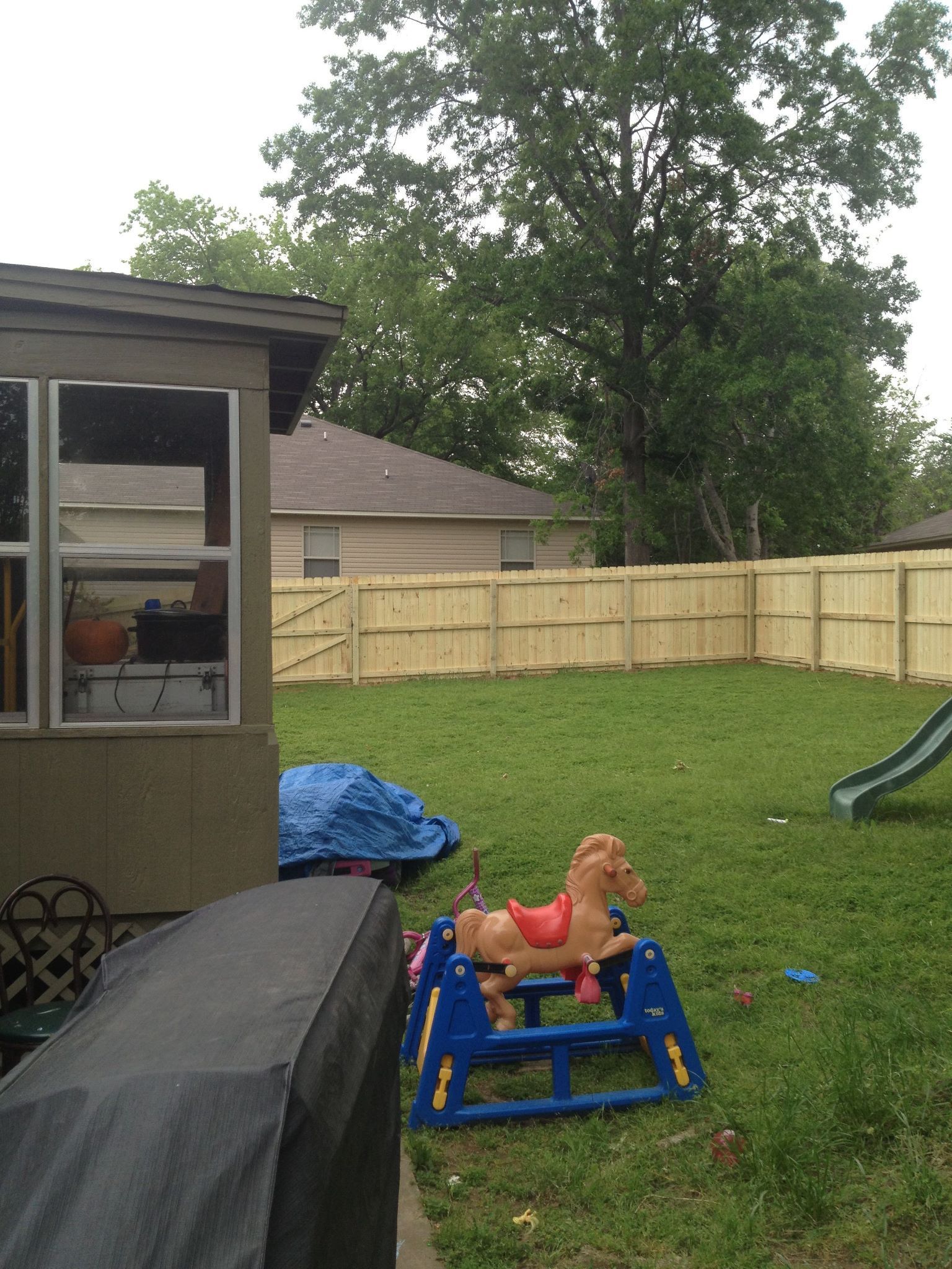 A backyard with a rocking horse and a slide