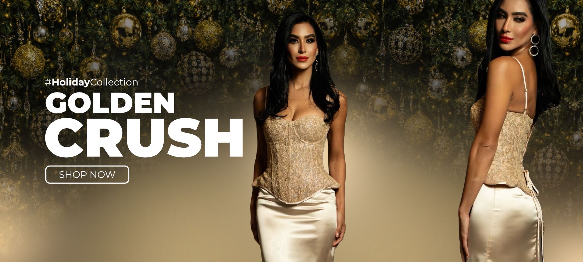 a model wearing a gold outfit from Caropa Couture standing in two different poses