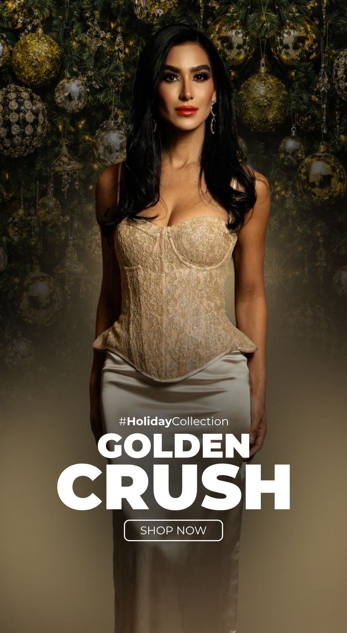 a model wearing a gold outfit from Caropa Couture standing in two different poses