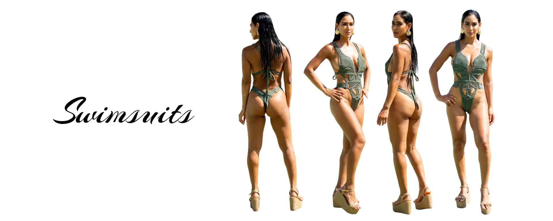 photos of a women wearing a handmade swimsuit in four different poses