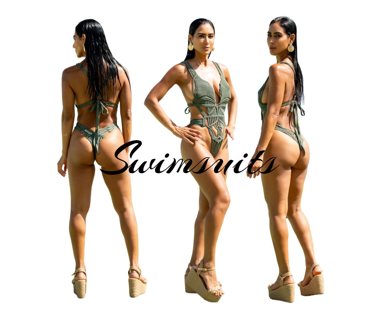 Four photos of a woman in swimsuits at different beach locations.