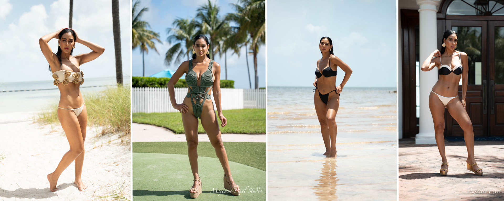 Four photos of a woman in swimsuits at different beach locations.