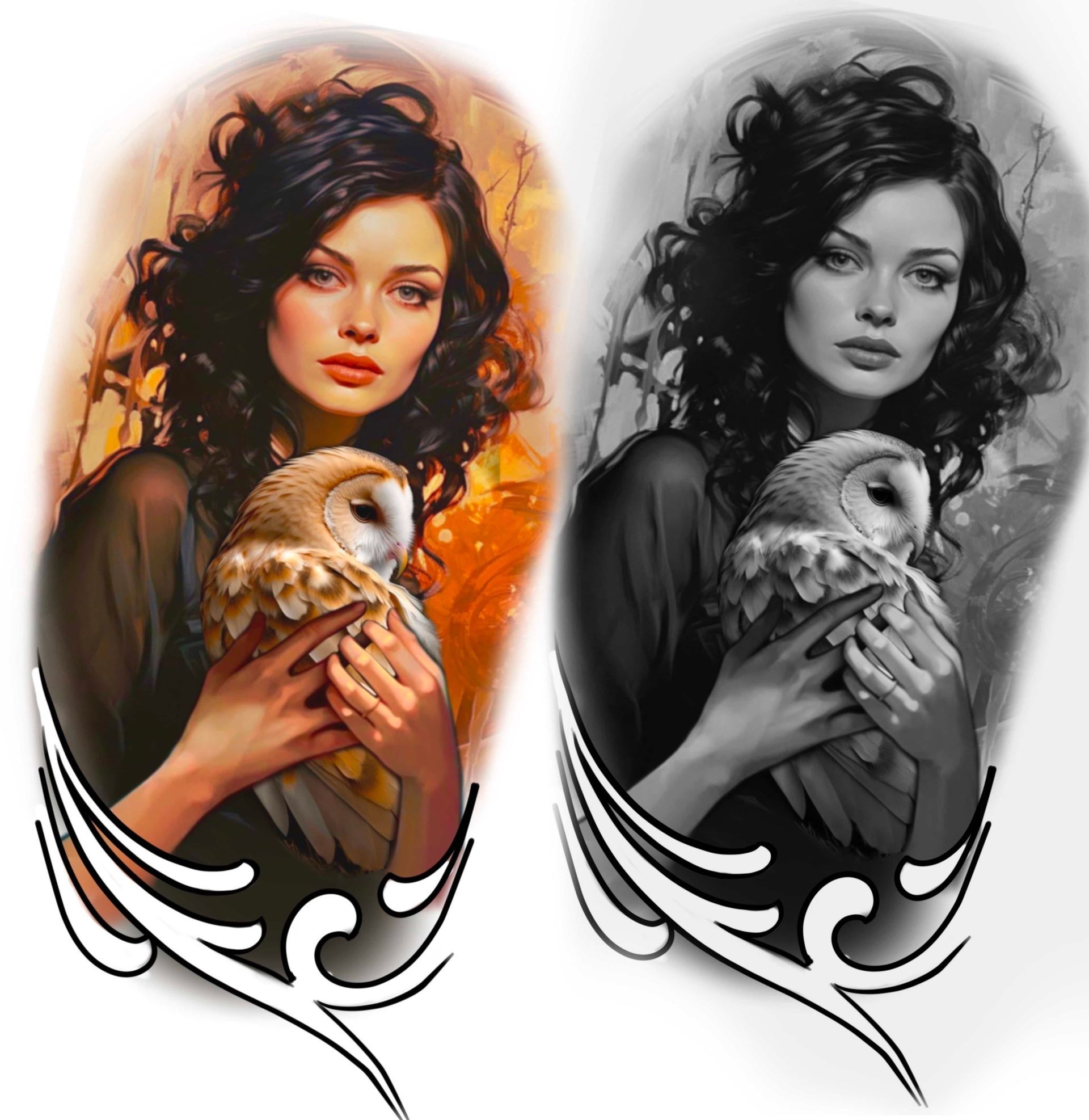Woman holding owl, illustration. Color and grayscale versions.