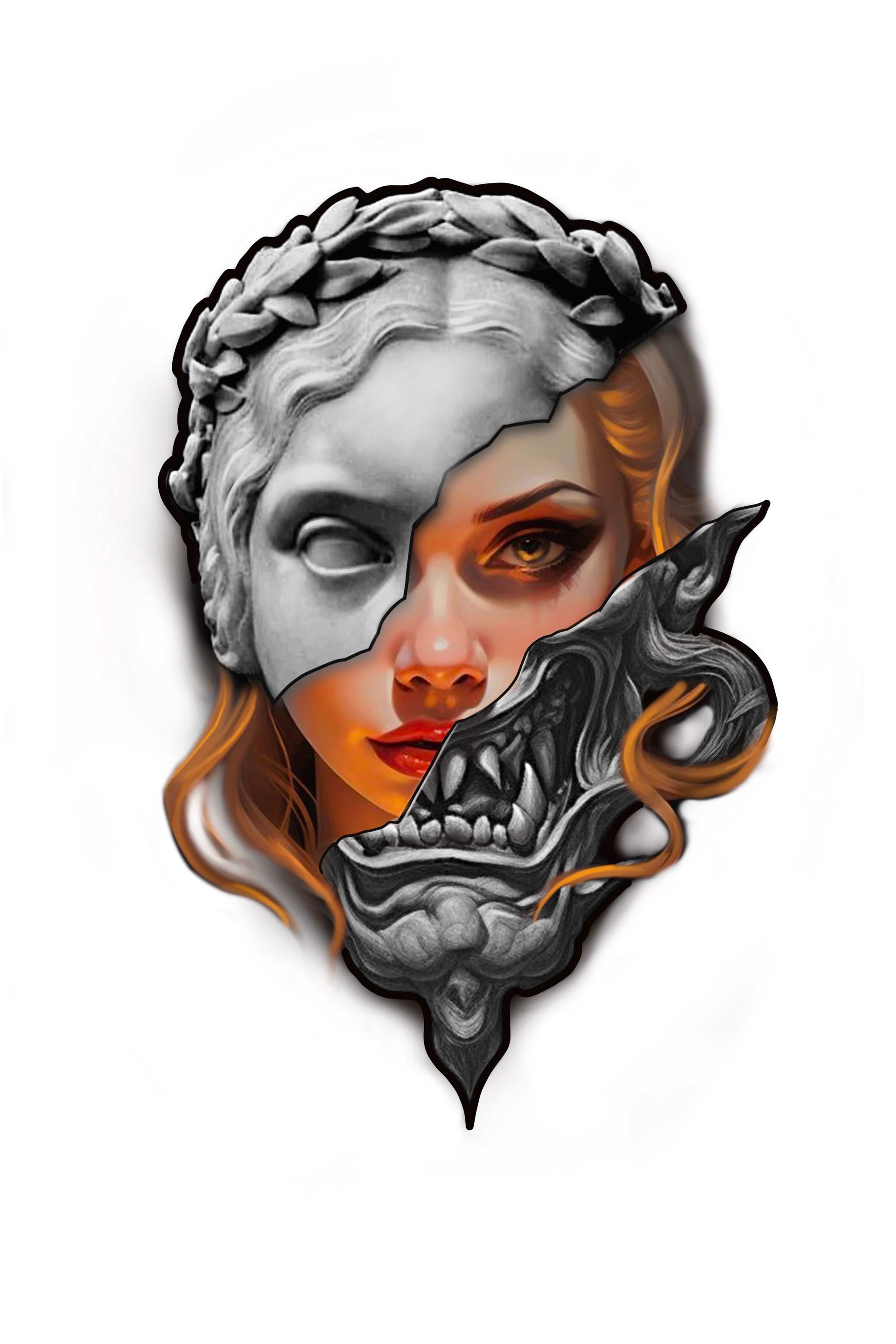 A face split in three: a white statue, a woman, and a snarling demon head.