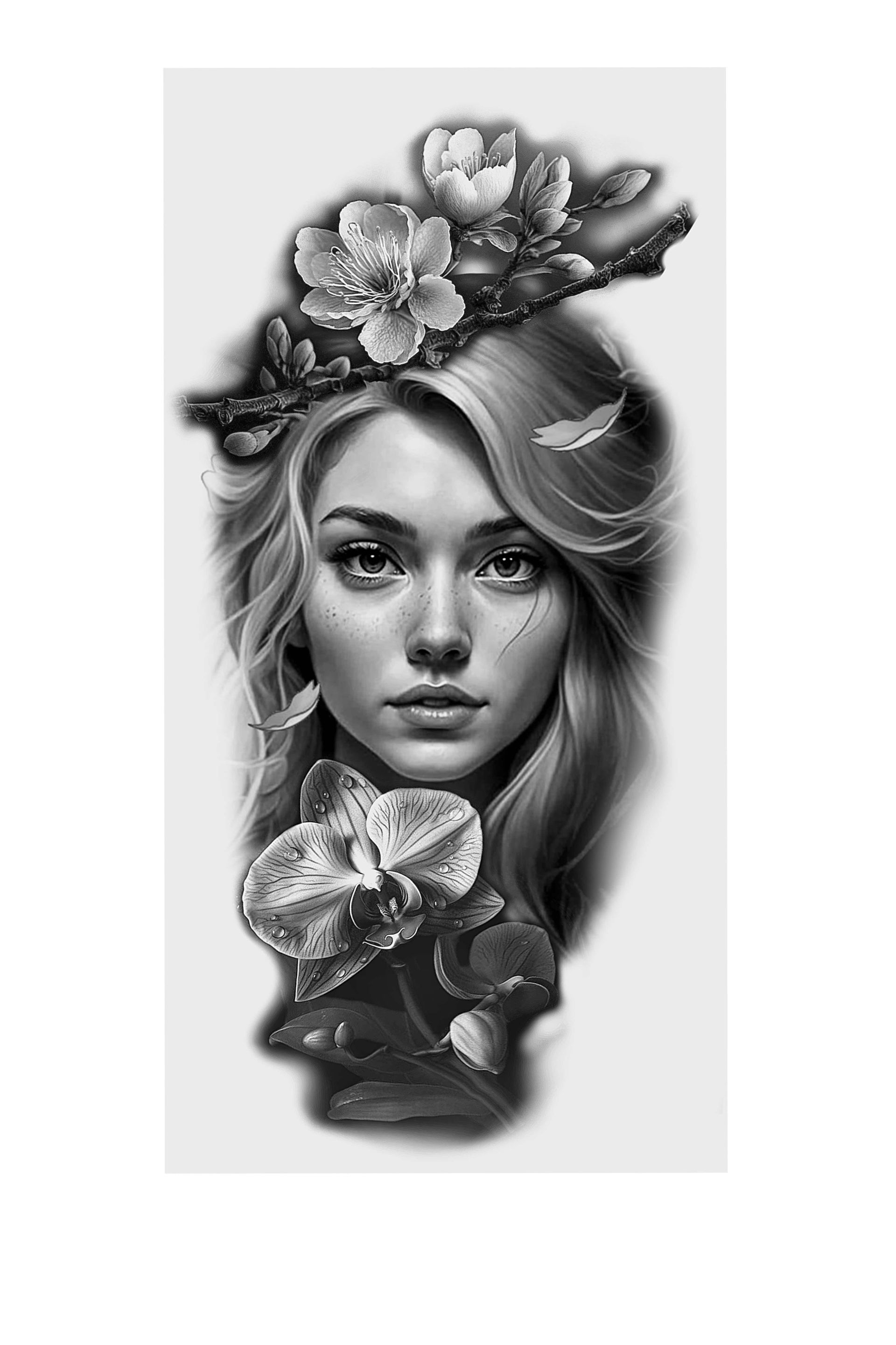 Woman with long blonde hair, adorned with flowers, in grayscale.