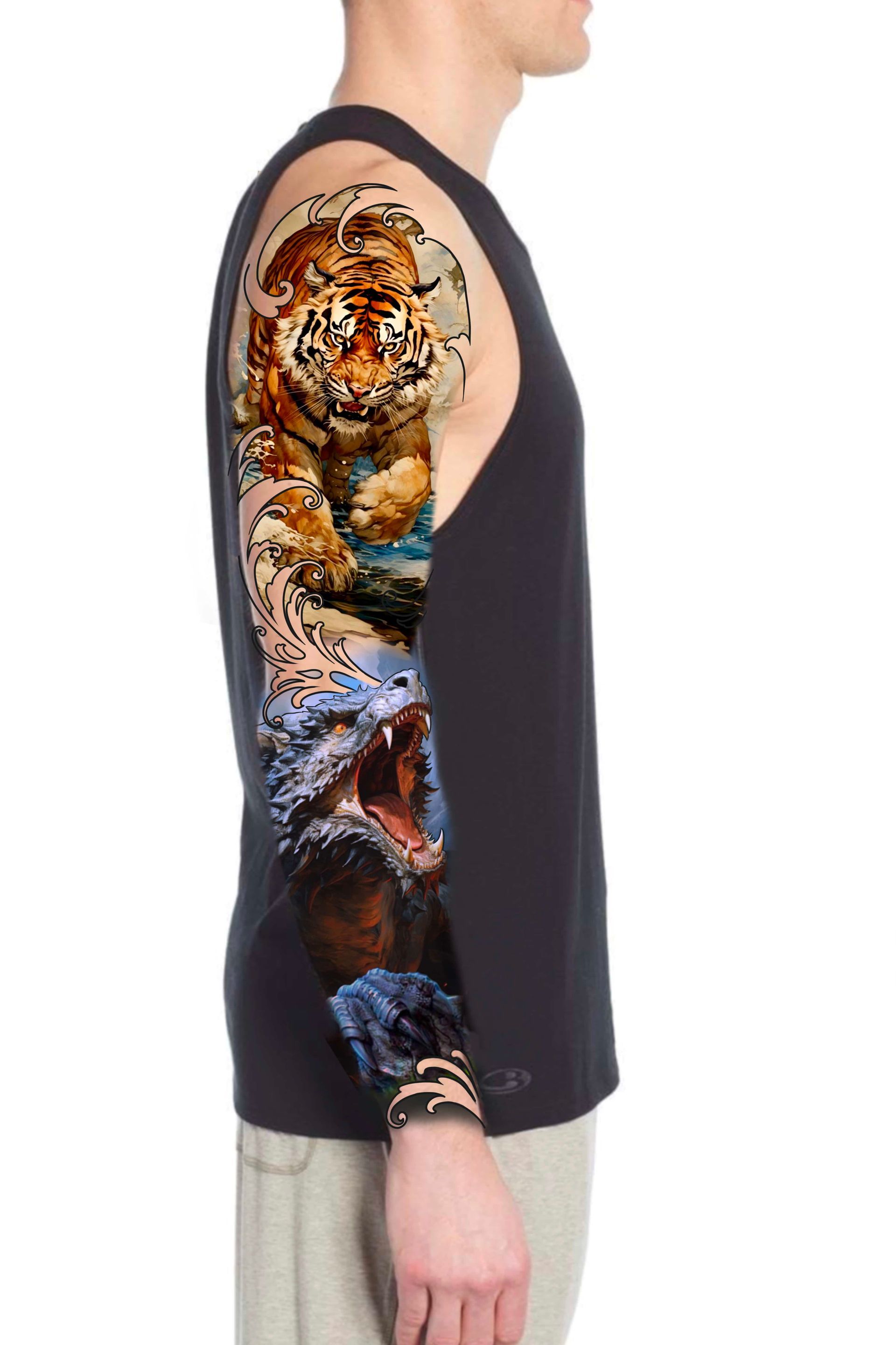 Man in black tank top with tiger and ape sleeve tattoo.