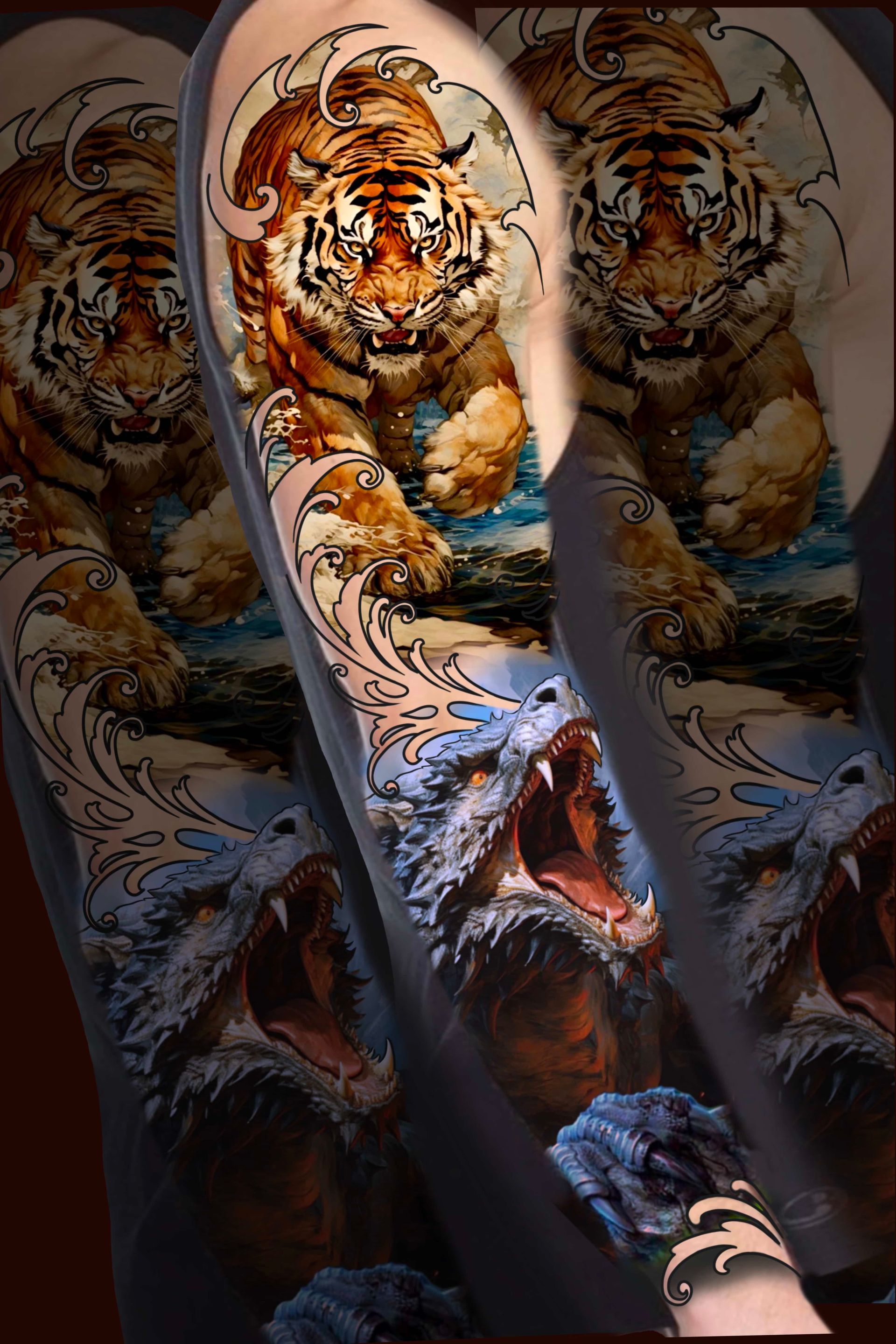 Arm tattoo: Running tiger above roaring wolf, blue waves and detailed fur, orange and white.