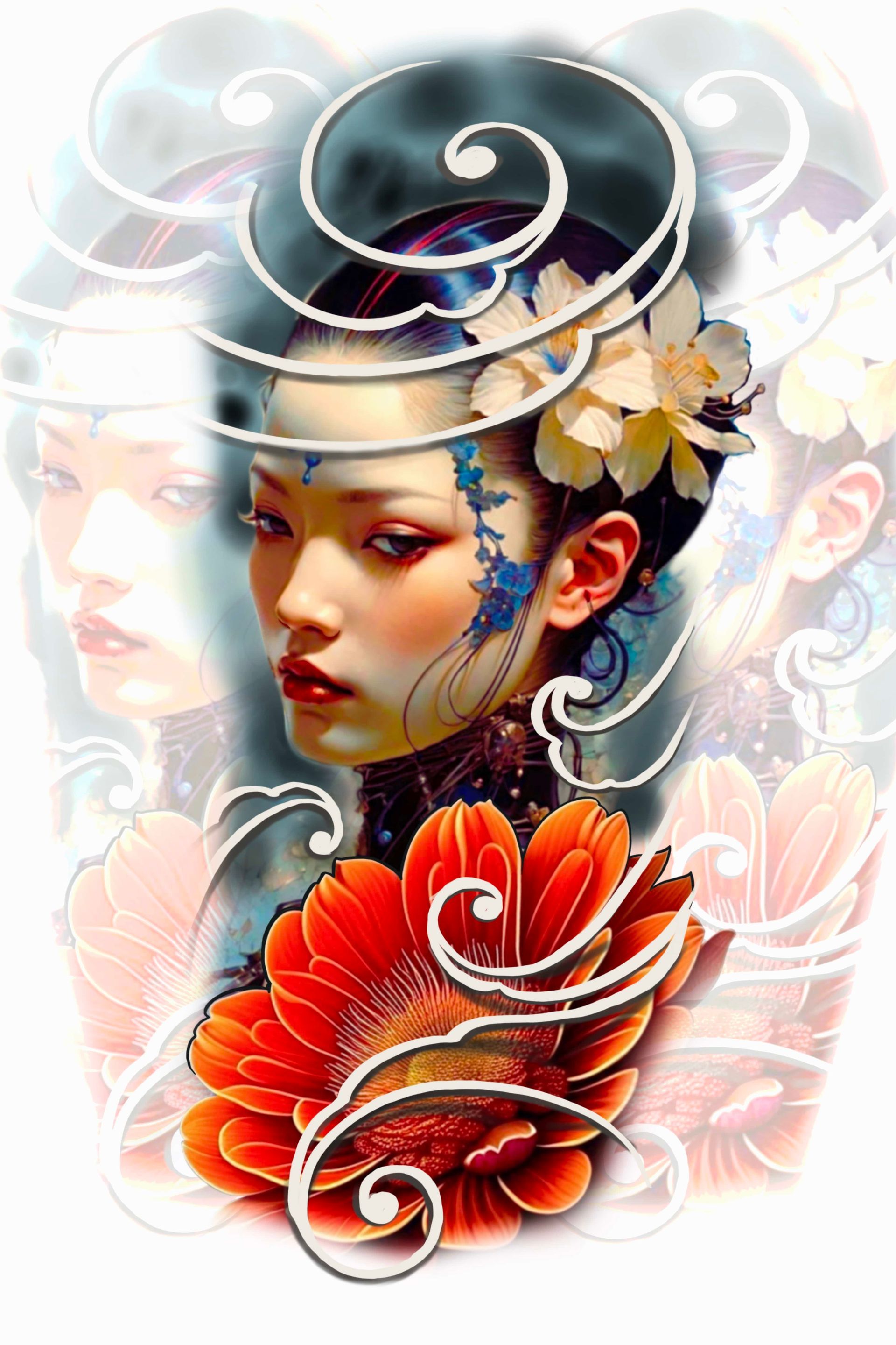 Woman with ornate makeup and floral elements, surrounded by swirling clouds and a large orange flower.