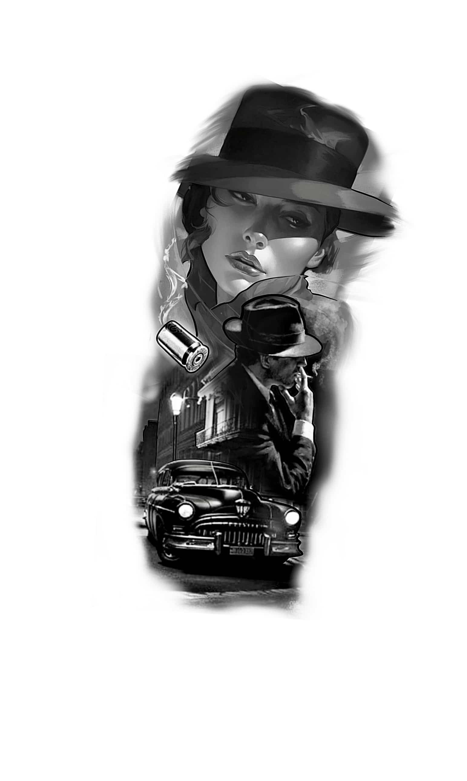 Woman in hat, coat, and car, with a shadowy, noir aesthetic.