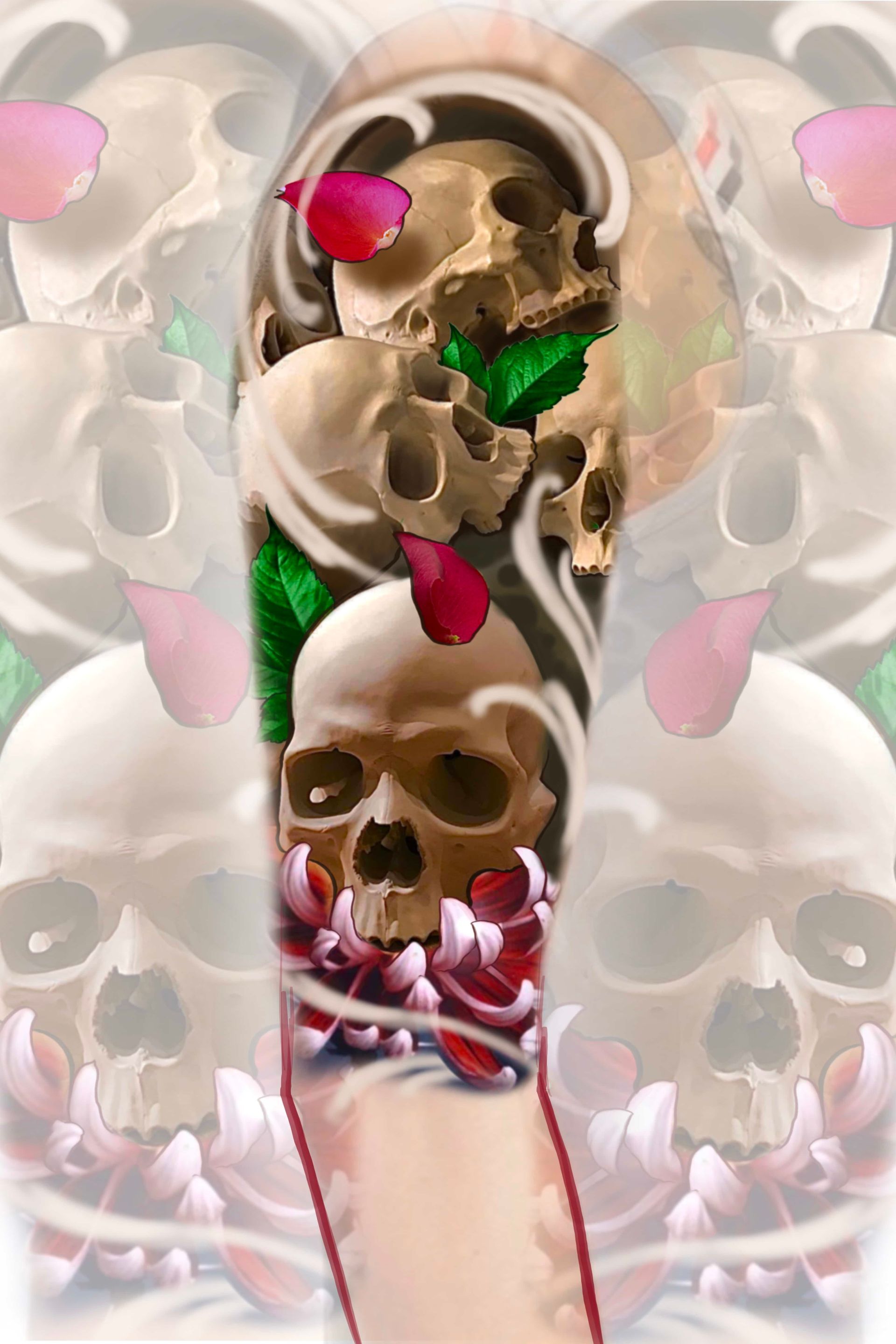 Tattoo design: Skulls and rose petals on an arm, with a faded skull and flower background.