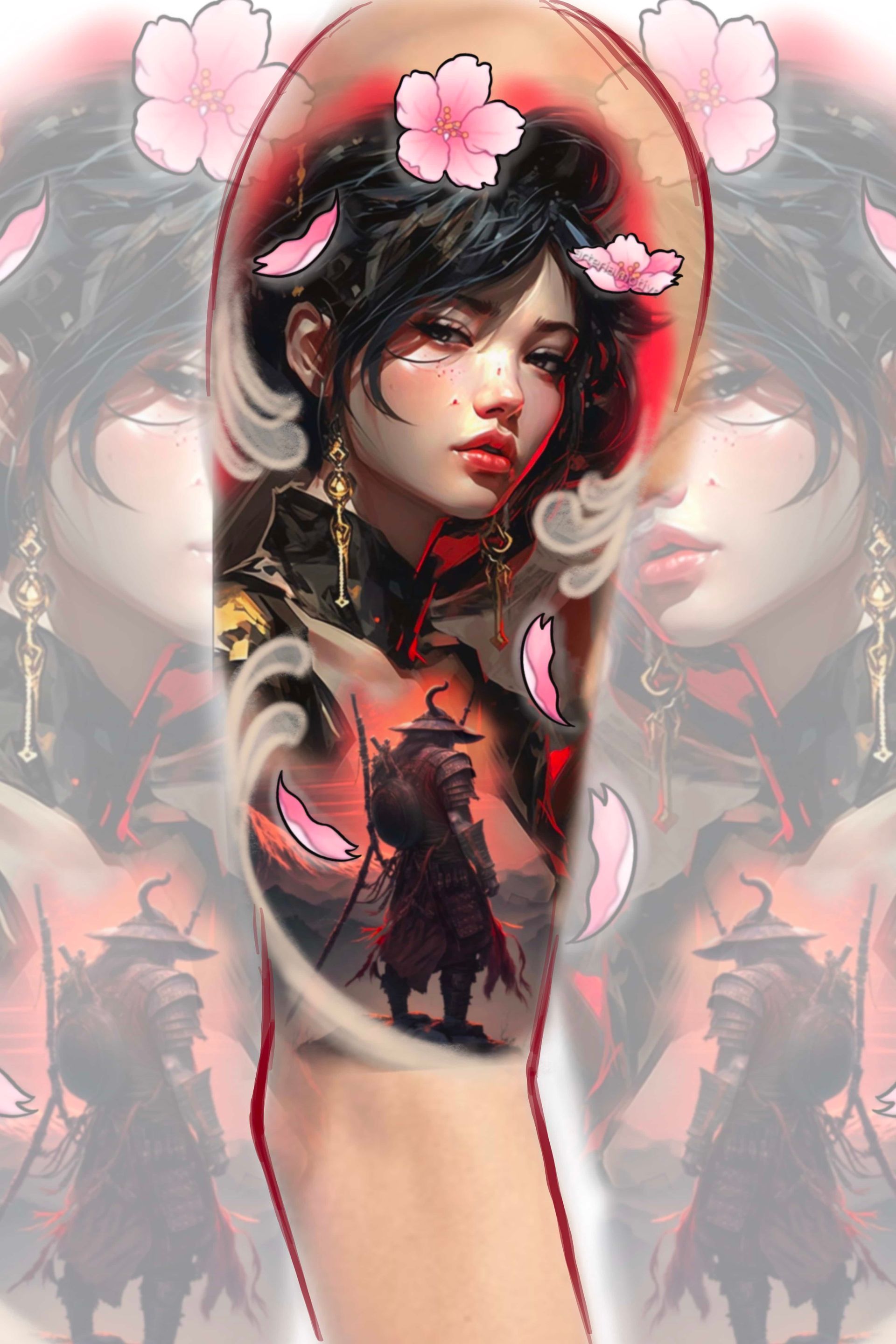 Tattoo of a woman with cherry blossoms, a warrior, and red tones, designed for the arm.