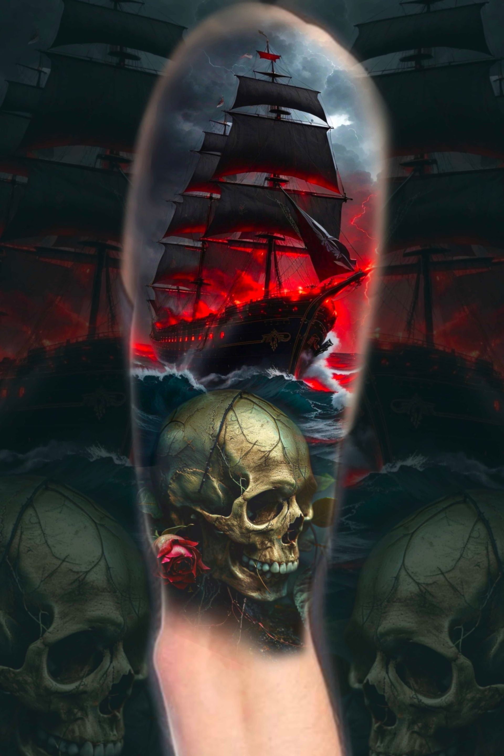 Tattoo of a ship sailing through a stormy sea with a fiery background and a skull.