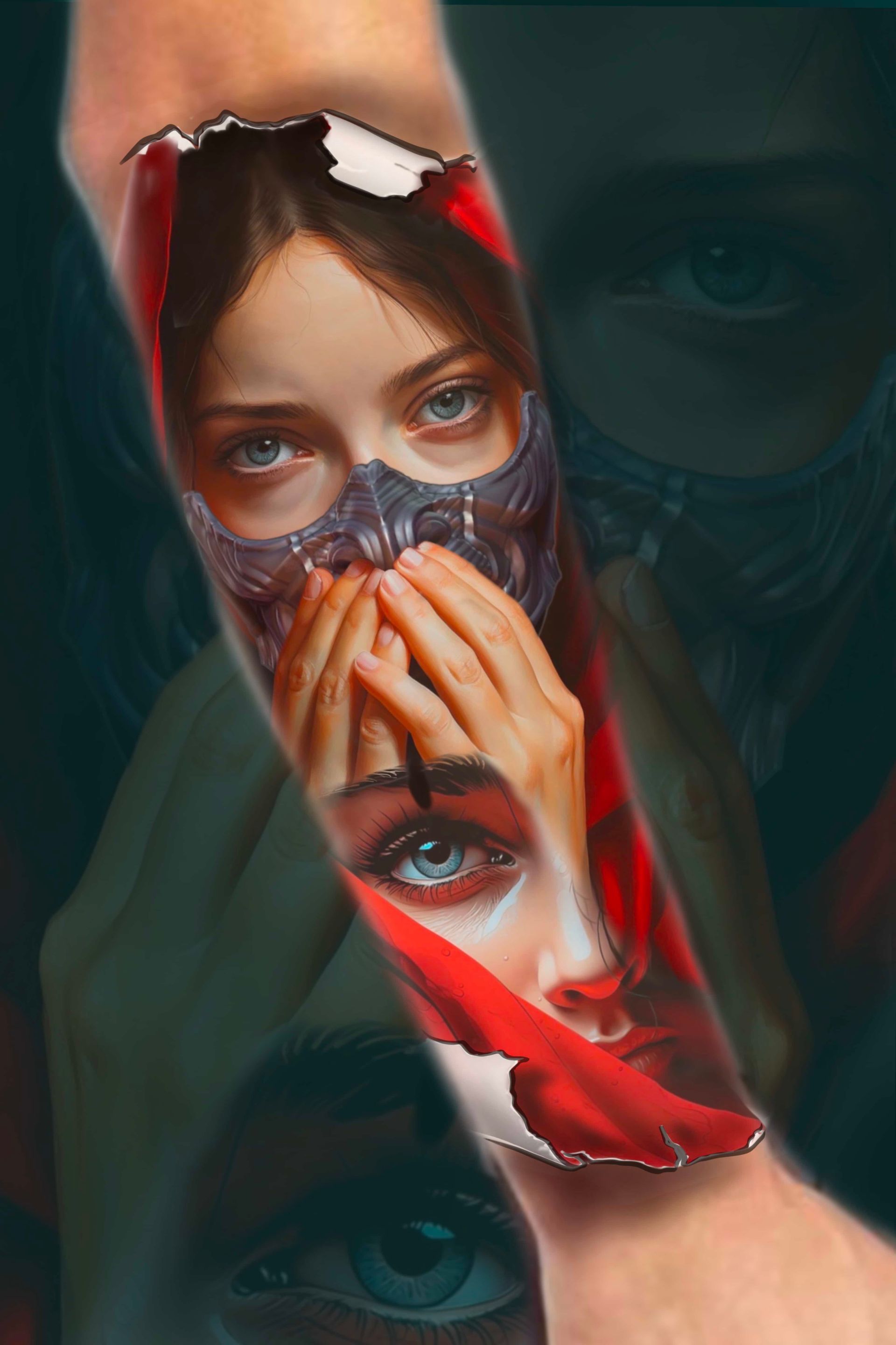 Tattoo on arm depicts a woman wearing a mask, with expressive blue eyes. Red background, partially torn.